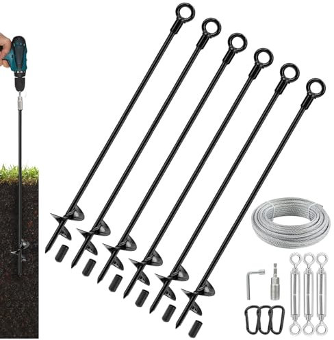 Tinnmao 30 Inch Ground Anchors Heavy Duty, 6 Pcs Screw in Shed Anchor Kit with Galvanized Cable & Turnbuckle, Multi-Use Earth Anchors for Sheds, Trampolines, Gazebo, Swing Sets, Carport