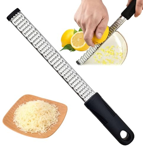 Rallador de queso con asa, rallador de limón de acero inoxidable para cocina, rallador de mano resistente para limones, limas, queso parmesano, chocolate, jengibre y más (negro)