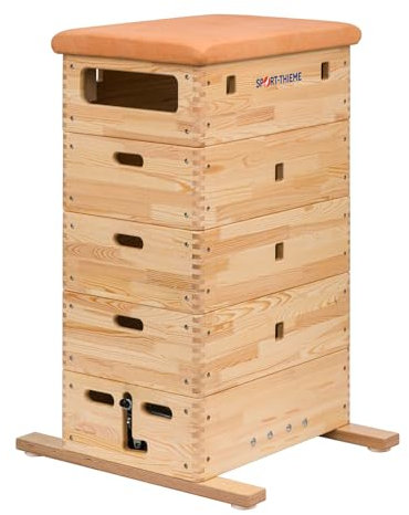 Sport-Thieme Sprungkasten Original 5-TLG. klein | Massives Kiefernleimholz | Schwenkrolleneinrichtung | Kernrindleder Bezug | Belastbarkeit 100 kg | DIN 7908 | Beige/Natur | 70x75x110 cm