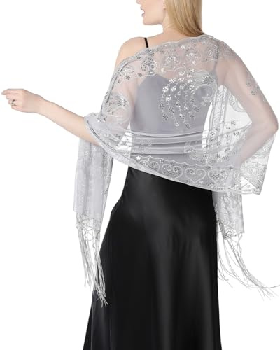 THE ART BOX 1920 inspirierter funkelnder Metallic-Schal und Wickel für Damen, glitzernder Netz-Pailletten-Umhang mit Fransenkanten für Abendkleider und Hochzeitsfeiern