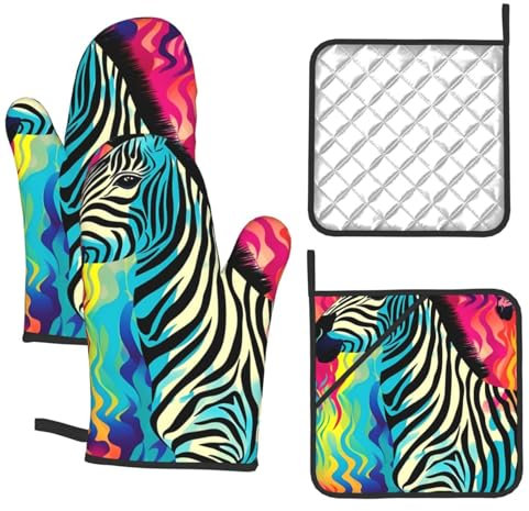 4 pcs Oven Mitts and Pot Holders Set Colored Zebra Oven Mitt Heat Resistant Oven Gloves for Cooking Non-Slip Hot Pads Washable Cooking Gloves for Baking BBQ Microwave