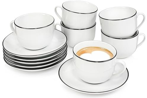 SÄNGER | Tassen Set mit Untertasse Marlo Black Rim 12 tlg, Kaffeetassen 6 Personen, Porzellan Kaffeeservice Kaffeetasse mit Untertasse, Weiß mit schwarzen Akzenten, 200 ml | PREMIUM COLLECTION