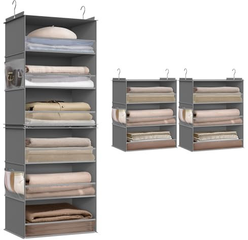 SONGMICS Hängeorganizer, Schrank-Organizer, Hängeregal aufteilbar, Hängeaufbewahrung, faltbar und platzsparend, Metallhaken und Bambus-Einsätze, Taubengrau RCH007G01