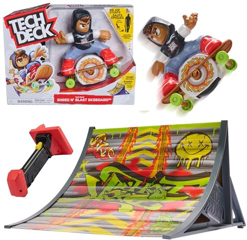 Tech Deck Shred N' Blast Sk8board, skateboard giocattolo motorizzato per le dita con rider e rampa per acrobazie ad alta velocità e salti vertiginosi, giocattoli per bambini e bambine dai 6 anni in su