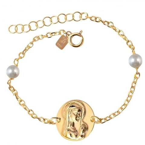 Minoplata Pulsera Virgen Niña de Plata chapada en Oro con Perlas Primera Comunión