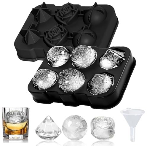 Food Grade Silicone Ice Cube Tray with Lid,Ice Maker Container,6 3D Ice Cube Trays with Rose Diamond Ice Balls,Reusable Ice Cube Tray with Funnel for Ice Cubes,Whisky,Cocktails and Juices.