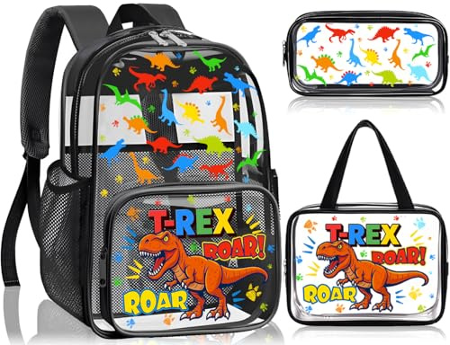 SHPMXUPW 3PCS Clear Black Backpack for School - Dinosaur Kids Clear Backpacks for Boys and Girls, Heavy Duty Transparent Bookbag with Lunch Bag and Pencil Case - See Through PVC Transparent Bookbag