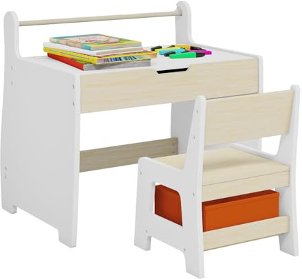 ARTETHYS Kids Toddler Table and Chair Sets, Activity Table with Reversible Blackboard Tabletop and Storage Drawer Chair, Childrens Table and Chair Set with Paper Roll Holder for Art Craft Play