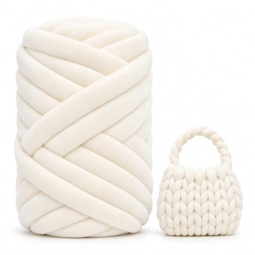 Armstricken Wolle 500g 16m, XXL Samt Schlauchgarn zum Handstricken | 3CM Extra Dickes Grob Gestrickte Handstrickgarn, Dicke Woll Sperrige Chunky Yarn für DIY Tasche Decke Kissen (Milchig Weiß)