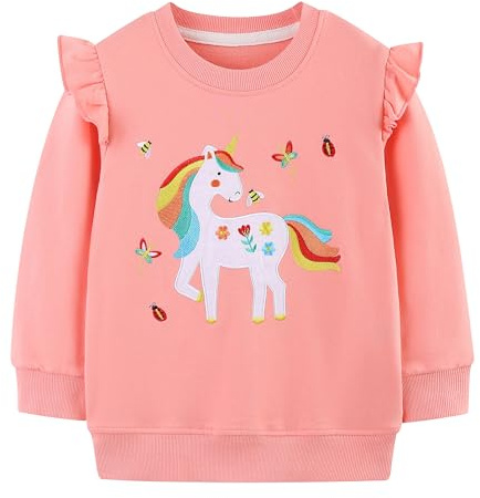 Tokeya Flickor sweatshirts bomull veckad långärmad jumper söt djur t-shirt rund hals vardagsbruk barnkläder mjuk komfort varm pullover toppar för sport utomhus flickkläder 2-7 år, Rosa, 4-5 Years