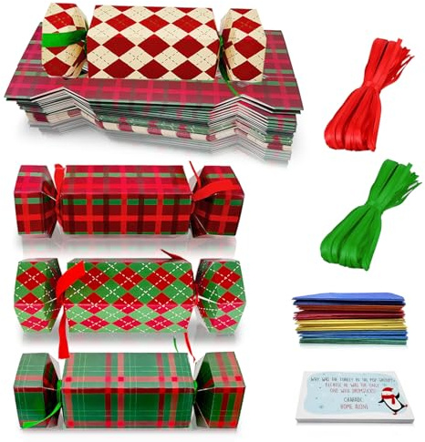 32 Pezzi Christmas Crackers Decorazioni Natale Sfuso,Cracker Natalizi Set di Lusso con Cappello Scherzi No Snap Adulti Bambini,Diy Regali Scatole Rosso Verde Giochi per Regali Famiglia Feste di Natale