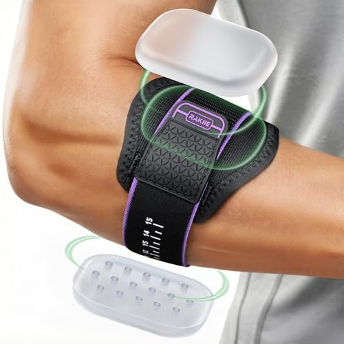 Rakiie - Vendaje para el codo para hombres y mujeres con 2 almohadillas de silicona, vendaje ajustable para golfistas y para el codo, soporte para deporte, se ajusta a la parte inferior del brazo de