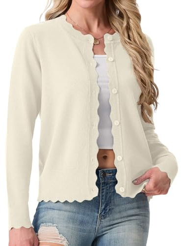GRECERELLE Women's Cardigans Knit Crew Neck Lightweight Cardigan | Long Sleeve Cardigan Sweater Ladies Button Down Scalloped Shrugs Jumper for Dress Summer Evening Wedding