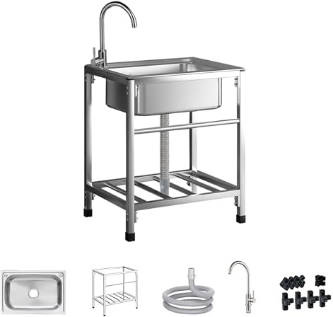 Lavello Autoportante Acciaio Inox, Lavandino da Esterno con Rubinetto Lavandino Commerciale Lavello di Utilità Lavabo Cucina Lavamani Industriale Per Esterni Cortile Garage Campeggio 52X38cm