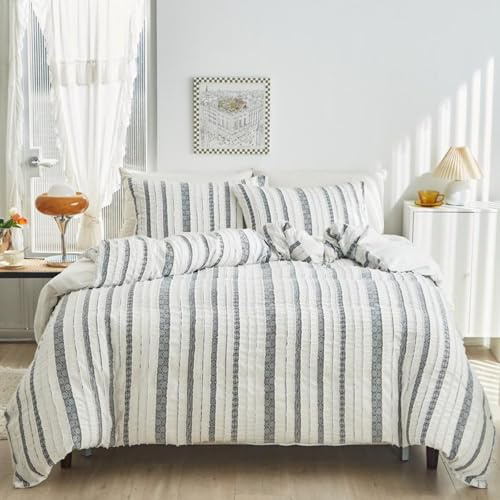 Tospass Boho Bettwäsche 200x200cm Grau Weiß Gestreift Getuftet Bettwäsche Set Böhmisch Stickerei Jacquard Geometrisch Weiche Mikrofaser Bettbezug mit Reißverschluss 2 Kissenbezüge 80x80cm