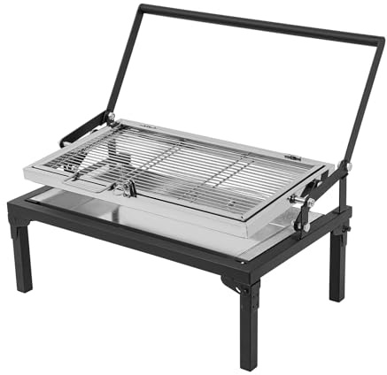 Medelstor hopfällbar kolgrill med 360° roterbar grill, rostfritt stål, utomhusgrill, trädgård, camping och picknick, 68 x 38 cm, 4–5 personer