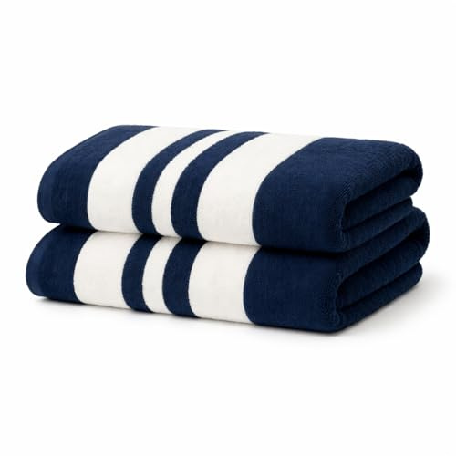 BURAKH 2 Pack Cotton Terry Hand Towels 180 x 100 cm, Soft Absorbent Bath & Shower Towels with Striped Design for Home, Gym & Travel (White & Blue Style 2)