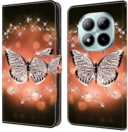 CLM-Tech Étui de Protection Compatible avec iaomi Redmi Note 15 Pro 5G 6,83 - Housse en Cuir synthétique, à Rabat, Coque avec Support et Compartiments pour Cartes - Papillon et Diamants