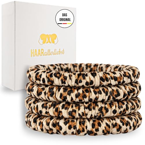 HAARallerliebst® 4er-Set 100% dünne Seide Scrunchie Haargummis mit Pappschachtel, Haargummi für jeden Tag, Haarpflege Scrunchies, ohne Haarschäden (Leoparden Muster)