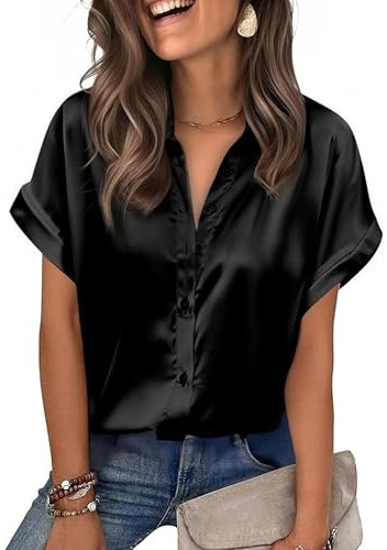Springcmy Womens Satin Blouse Short Sleeve Silk Tops Button Down OL Work Shirts Business Casual Outfits Going Out Top