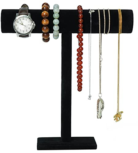 G Ganen T-Bar Necklace Holder Jewelry Display Stand; Black Velvet Holder Organizer for Necklace, Chains, Bracelets, Watches, Headphones; 12” High*11”Cross