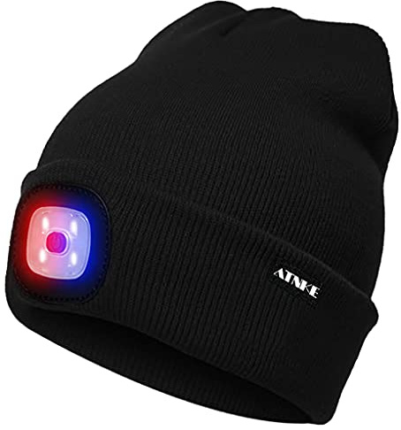 ATNKE LED Beleuchtete Mütze,Wiederaufladbare USB 4 LED Rot und Blau Leuchten Blinkender Laufmütze mit Licht Extrem Heller Lampe Winter Warme für Herren und Damen Geschenke