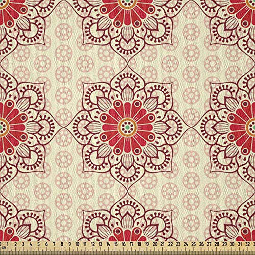 ABAKUHAUS Ethnisch Stoff als Meterware, Blühende Mandala-Blumen, Microfaser Multi Zweck Dekostoff für Kunsthandwerke, 3M (230x300cm), Dunkle Koralle Beige Rubin