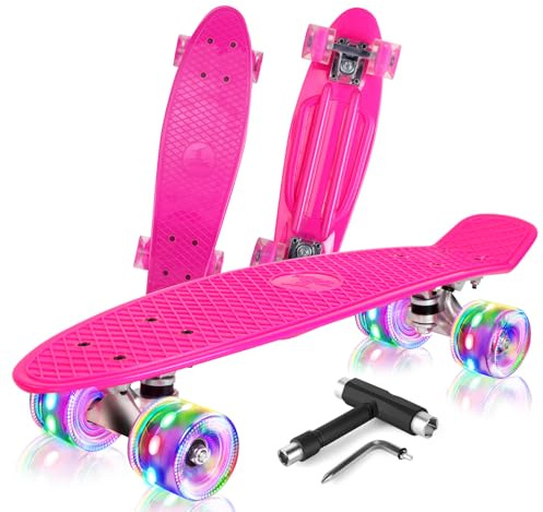 BELEEV Skateboard 22 Inch Completo Mini Cruiser LED per Bambini, Giovani e Adulti - Ruote con All-in-One Skate T-Tool per Principiante 56cm