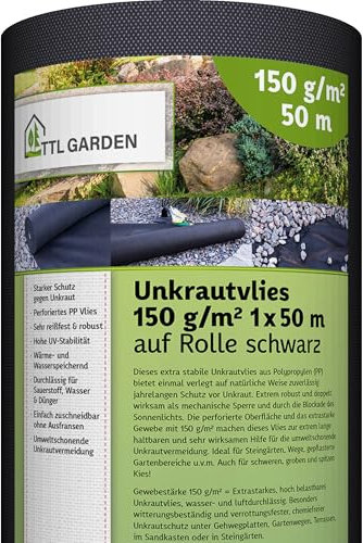 TTL Garden 150 g/m², tessuto non tessuto per erbacce, 50 m², rotolo da 1 x 50 m, impermeabile e extra resistente agli strappi, larghezza 50 x 1 m, rotolo di tessuto non tessuto anti-erbacce