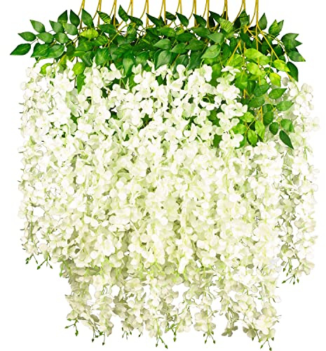 NITAIUN 12 Stück Künstliche Glyzinien Blumen, Fake Wisteria Vine Kunstpflanzen Hängende Blauregen Seidenblumen Girlande für Hochzeit Garten Wand Party Home Dekor, Gefälschte Blumen Rebe (Weiß)