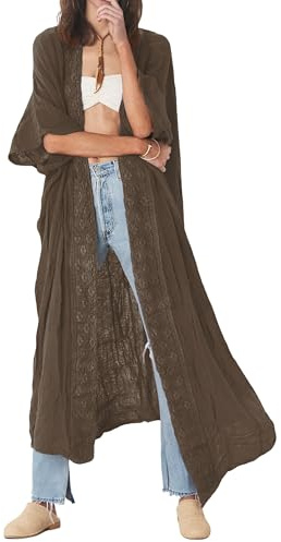 Bsubseach Kimono med halvärm och öppen framsida, perfekt bikini-cover-up för kvinnor, Brun, en storlek