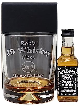 Regalo Personalised Dimple Glass Tumbler & Miniature - JD Whiskey Design (Tennessee Whiskey, Cardboard Gift Box)