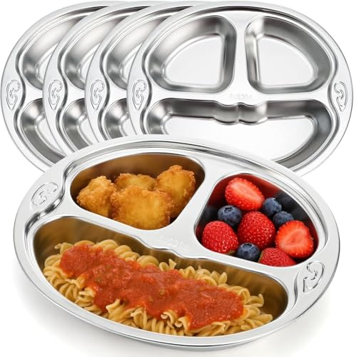 SOUJOY Lot de 4 assiettes divisées 18/10, 3 sections, contrôle des portions, plateau de service compact, incassable pour enfants, mangeurs difficiles, campeurs