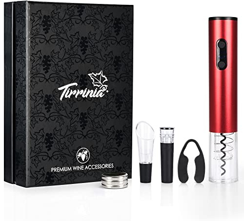 Kato Tirrinia Electric Wine Opener Gift Set - Bottle Cork Remover Accessory Tool Kit with Aerator, Foil Cutter, Drip Ring and Vacuum Stopper for Wine Lovers, Red