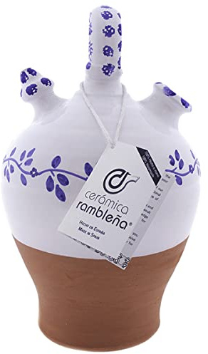 CERÁMICA RAMBLEÑA | Cruche en argile rouge | Pichet décoré avec anse ronde base tournée Blue Border - Modèle D06 de La Rambla (Córdoba) | 100% fait main | 3.5 litres | ÉCHO