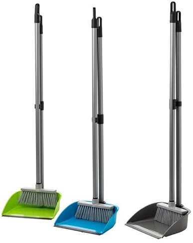 Kehrgarnitur mit Langen Stiel, Besen und Kehrschaufel 3er Set zusammenklappbar, kehrset, Farbe: Blau, Silber, Grün, Made in EU