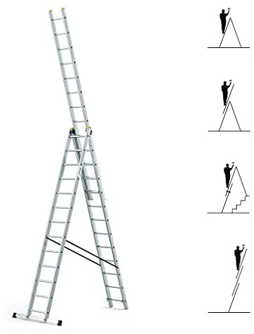 HOSTRÖM Echelle Transformable 3 Plans StablePro 3x13 marches Aluminium Extensible coulissante, 6 Positions, Hauteur Travail Max 8,61m, Garantie 5 Ans