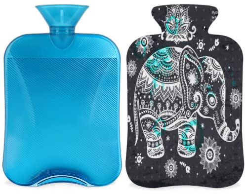 Elephant Ethnic Flower Hot Water Bottle with Cover 2L, Elephant Animal PVC Hot Water Bag for Hand Feet Warmer, Pain Relief,Hot Compress and Cold Therapy