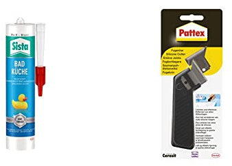 Praktisches 2er-Set aus 1x280ml Sista BAD KÜCHE Sanitär Silikon weiß und 1x Pattex Fugenhai Fugenkratzer, Fugenfüller & Fugenmesser für professionelle Ergebnisse in Bad und Küche