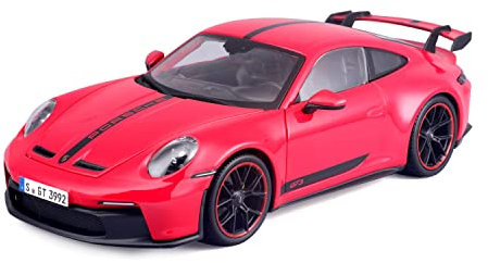 Maisto Porsche 911 GT3 (2023): Modellauto im Maßstab 1:18, Türen, Kofferraum und Motorhaube beweglich, rot mit Streifen (536458R)
