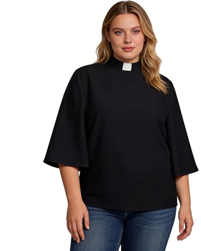 Dam elegant regular fit utsvängda halvärmar ståkrage blus skjorta enfärgad toppar casual arbetstoppar för kyrka, svart, XL