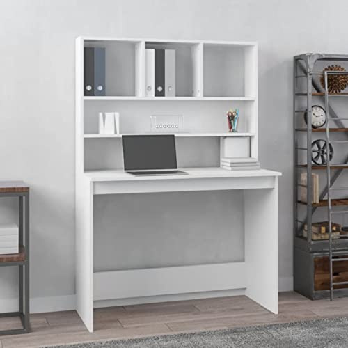 Escritorio con estantes de madera contrachapada, almacenaje amplio y diseño compacto para oficina y hogar