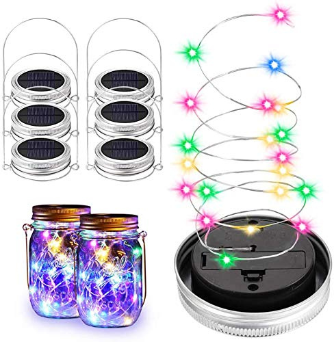 Mrisata Solar Mason Jar Lights 6 Pack 20 Led Fairy Firefly Lights Mason Jar Lids String Lights with Hanger (Jars Not Included) Best for Mason Jar Outdoor Decor for Patio Garden Yard Lawn (Silver)