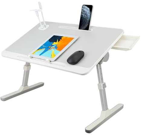 Plateau de lit pour ordinateur portable, table de lit réglable en hauteur et angle avec tiroir de rangement, bureau portable pliable avec pieds pliables, table d'ordinateur portable pour