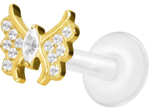 PIERCINGLINE PTFE Labret mit Gewinde + Titan-Aufsatz KRISTALLSCHMETTERLING Piercing Lippe Nase Ohr Helix Tragus Medusa 1,2x8 mm Goldfarben