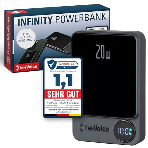 freeVoice Powerbank 10000 mAh I Schnellladegerät mit 20 W I Kompatibel mit USB-C & Lightning I Magnetische Power Bank für induktives Laden I Tragbares Ladegerät für Alltag & Reisen