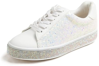 Feversole dammode gnistrande plattform strass fest semester bröllop sneakers, AB vit, 39.5 EU