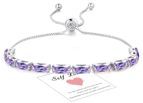 HEEYA Purple Bracelets for Women, Sterling Silver Bracelet, Silver Crystal Friendship Bracelet, Adjustable Tennis Bracelets Cubic Zircona Lady Birthday Jewellery Gifts for Women