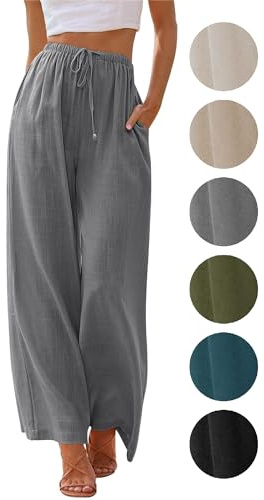 Puimentiua Pantalones de verano para mujer, ligeros, pantalones de lino de verano, pantalones de palazzo, pantalones de pierna ancha, elegantes pantalones de tela, pantalones de verano aireados, ropa