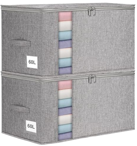 Huquter Lot de 2 grandes boîtes de rangement sous le lit avec 3 poignées, boîte de rangement avec couvercle, ultra épaisse, rangement pour couettes, avec roulettes